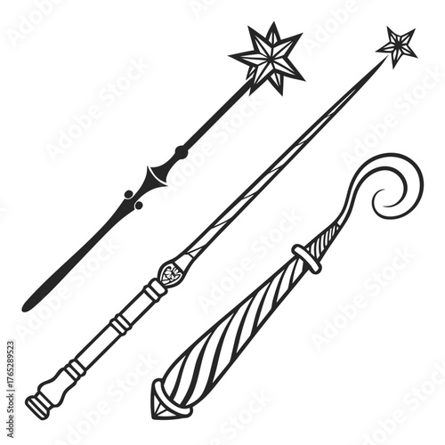 Three black and white magic wands with stars fantasy