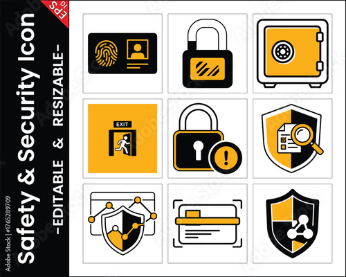 Security And Safety Icons Set With Lock,Shield,Id Card And Safe Box Design