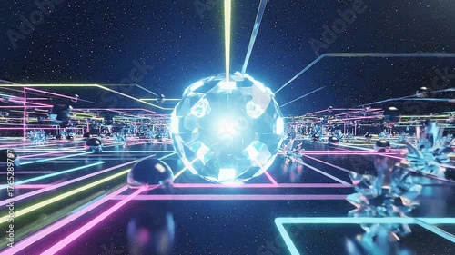 Glowing AI Sphere Processing Global Data on Futuristic Neon Network Grid Infrastructure