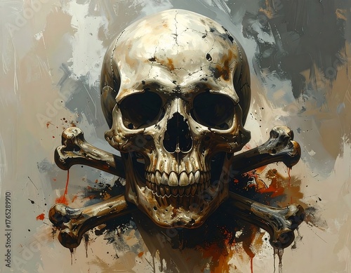 Rendered image of a human skull with crossbones and a splatter background