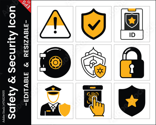 Black And Yellow Security Icons Set Digital Protection Safety Measures Collection