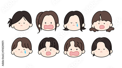 かわいい男女の顔セット ネガティブな表情 悲しむキャラクター アバターアイコン
