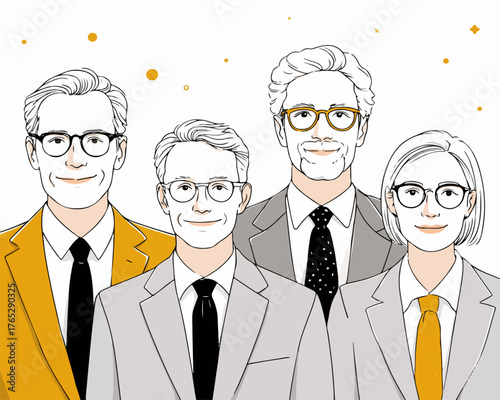 다양한 연령대의 남녀 비즈니스 전문가 집단이 함께 서 있는 모습의 벡터 일러스트레이션입니다.