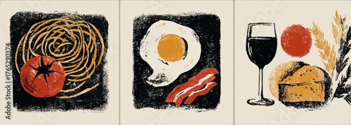 파스타, 계란, 와인과 치즈를 묘사한 세련된 스타일의 벡터 일러스트레이션으로, 다양한 음식의 즐거움을 표현합니다.