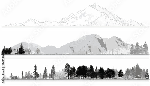 벡터 그래픽으로 표현된 다양한 산과 나무 풍경 일러스트레이션으로, 자연의 아름다움을 간결하게 담아낸 디자인입니다.