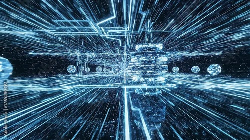 Fast Data Flow Visualization in Futuristic Digital Network Tunnel Cyberspace Background for AI and Technology