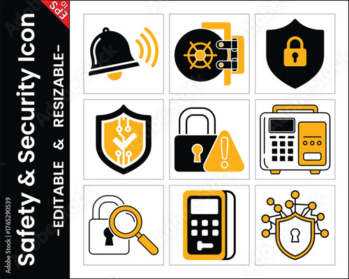 Modern Security Icons Set With Padlocks,Shields,Banking Vault And Alarm System For Platforms