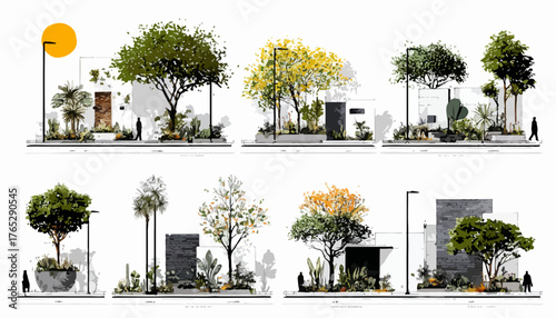 다양한 나무와 식물이 있는 도시 거리의 단면을 보여주는 일러스트레이션으로, 건축 및 조경 디자인에 활용하기 좋습니다.