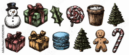 크리스마스 장식품인 눈사람, 선물 상자, 사탕, 진저 브레드 맨, 크리스마스 트리 등을 손으로 그린 벡터 일러스트레이션입니다.
