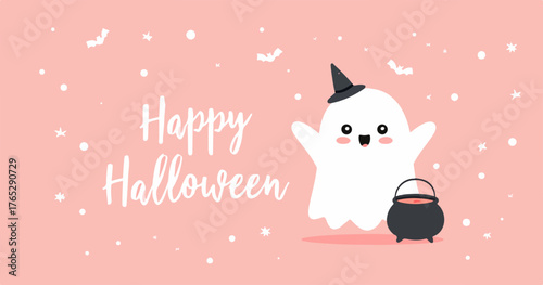 귀여운 유령 캐릭터와 핑크색 배경이 어우러진 할로윈 테마 벡터 일러스트레이션으로, 축제 분위기를 연출합니다.