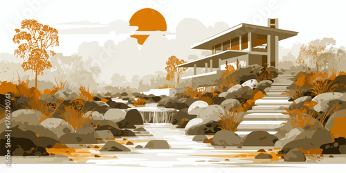 현대적인 디자인의 주택과 자연 풍경이 어우러진 아름다운 벡터 일러스트레이션으로, 평화로운 분위기를 연출합니다.