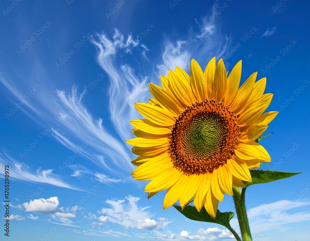 Obraz premium A vibrant yellow sunflower in full bloom against a bright, cloudy sky