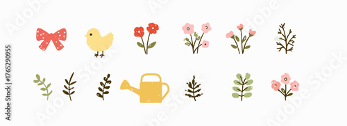 귀여운 병아리와 꽃, 나뭇가지, 물뿌리개 일러스트 모음