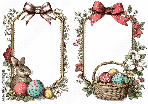 빈티지 스타일의 부활절 테마 프레임 디자인, 토끼와 꽃 장식, 계란을 담은 바구니