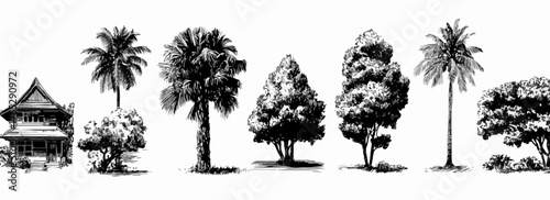 다양한 종류의 나무와 동양식 건물이 흑백으로 그려진 벡터 일러스트입니다.