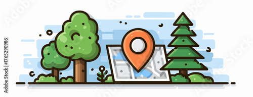 지도와 핀이 있는 자연 풍경 일러스트
