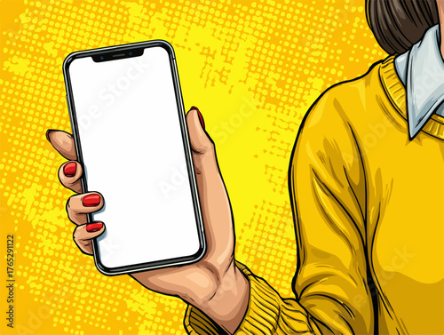 팝아트 스타일의 노란색 스웨터를 입은 여성이 스마트폰을 들고 있습니다