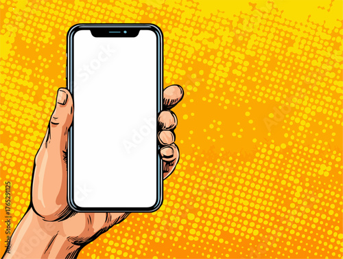 팝아트 스타일의 손에 들린 스마트폰, 빈 화면에 메시지나 이미지를 표시할 수 있습니다.