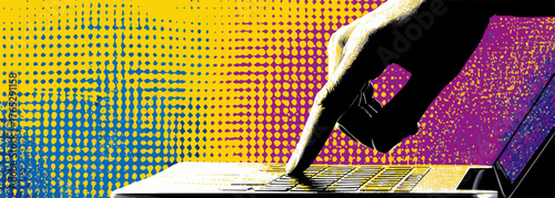 생동감 넘치는 추상적인 픽셀 배경 위로 노트북 키보드를 능숙하게 타이핑하는 손의 실루엣이 현대 디지털 기술과 온라인 작업의 역동적인 조화를 창의적으로 표현하며, 미래 지향적인 분위기를 자아냅니다.