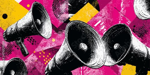 분홍색과 노란색 배경에 여러 개의 확성기가 있는 벡터 일러스트레이션으로, 시끄럽고 강력한 메시지를 전달합니다.