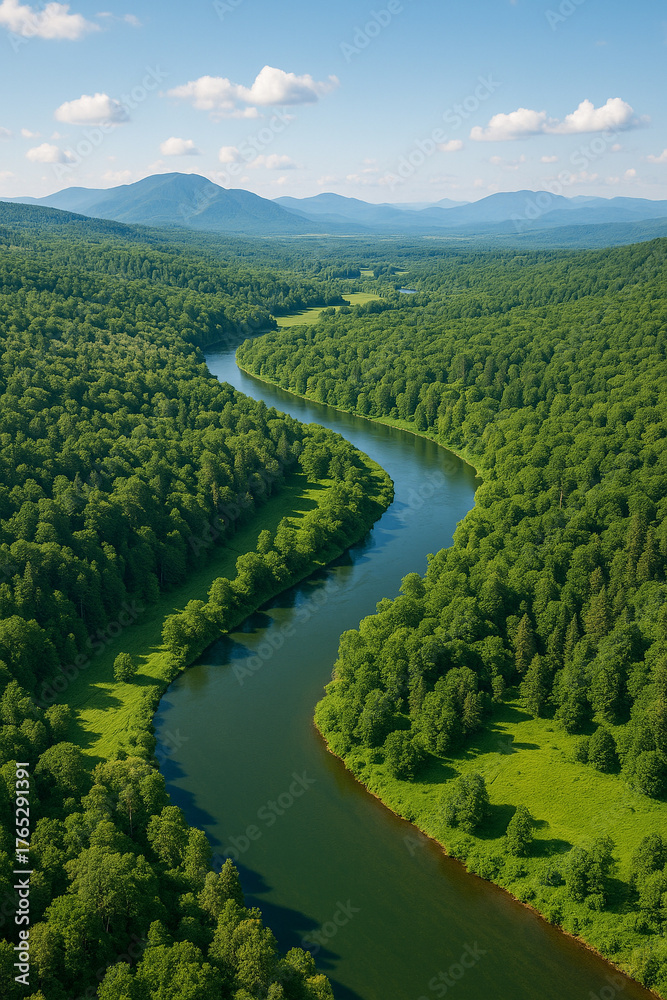 Obraz premium Aerial View of River Flowing Through Dense Green Forest — Scenic Nature and Environment Background