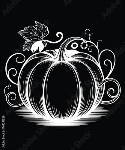 Glowing pumpkin with swirling vines and leaf on black background