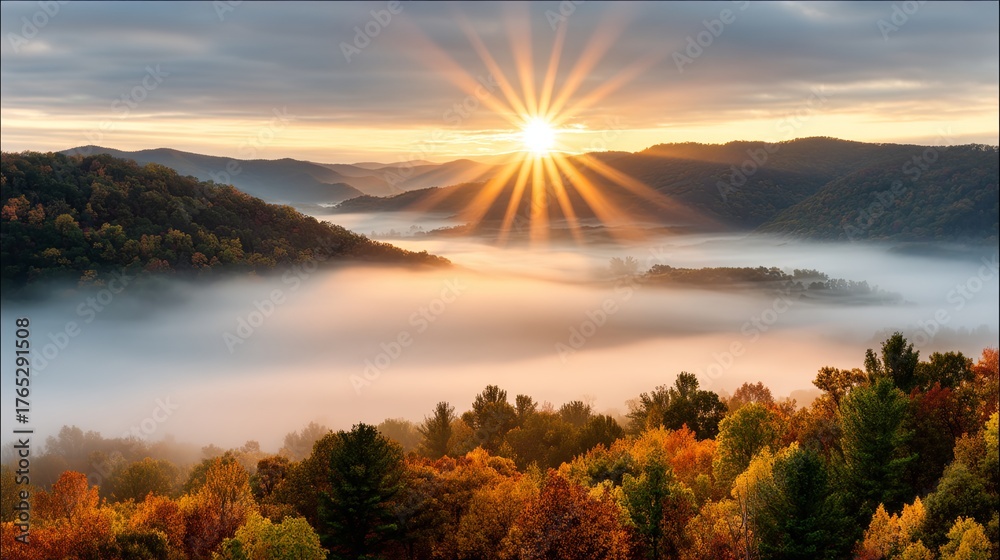 Fototapeta premium Breathtaking sunrise over misty mountains.