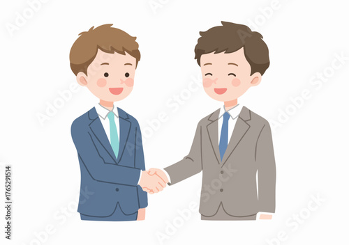 두 명의 사업가가 만나 악수를 나누는 모습을 벡터 그래픽으로 표현하여 협력과 파트너십의 의미를 강조했습니다.