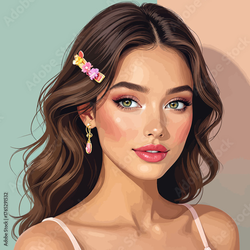 Beautiful woman with floral hair clip and soft makeup, portrait-style illustration