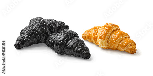 Black and golden croissants, realistic bakery pastries, isolated on white background