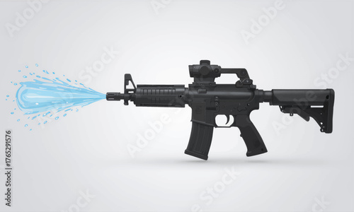 Black assault rifle spraying water stream, minimalist design, isolated on white background