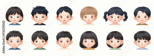 다양한 헤어스타일을 가진 귀여운 아이들의 얼굴 벡터 일러스트레이션으로, 긍정적이고 밝은 분위기를 연출합니다.