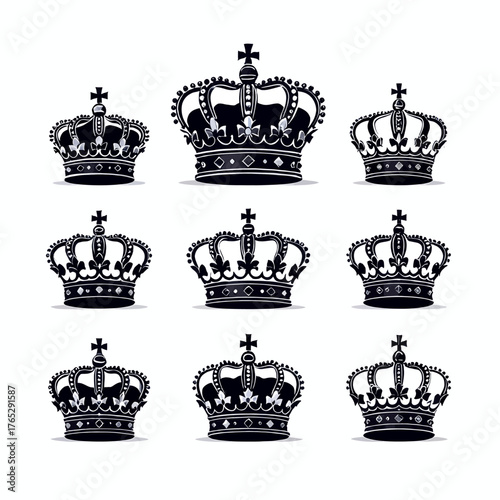 Black crown icons collection, royal symbol designs, isolated on white background