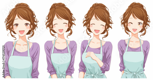 사랑스러운 미소를 짓는 앞치마를 입은 여성의 다양한 표정과 포즈를 보여주는 벡터 일러스트레이션입니다.