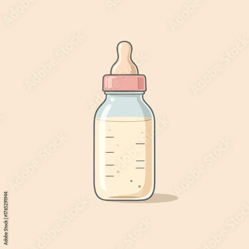 Cartoon baby bottle with milk, simple illustrated design, isolated on beige background