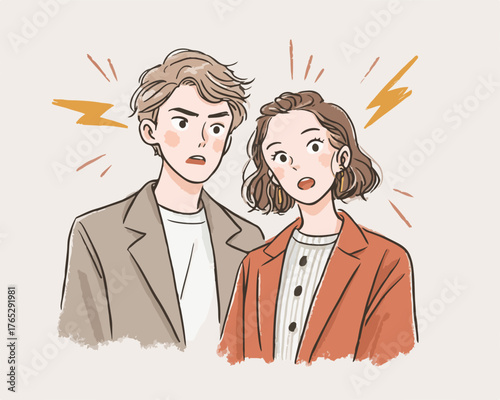 화난 표정의 젊은 남녀가 언쟁을 벌이는 벡터 일러스트레이션으로, 갈등과 오해의 감정을 생생하게 묘사했습니다.