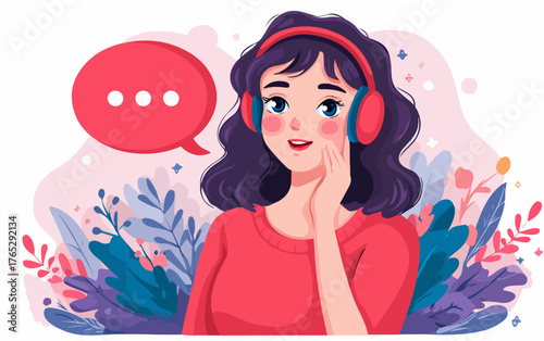 이어폰을 낀 젊은 여성이 대화 거품과 함께 식물 배경에서 즐겁게 이야기하고 있습니다.