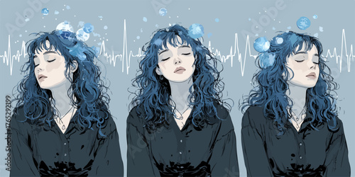 몽환적인 분위기 속에서 명상하는 여성, 심전도 파형과 물방울이 맴도는 모습