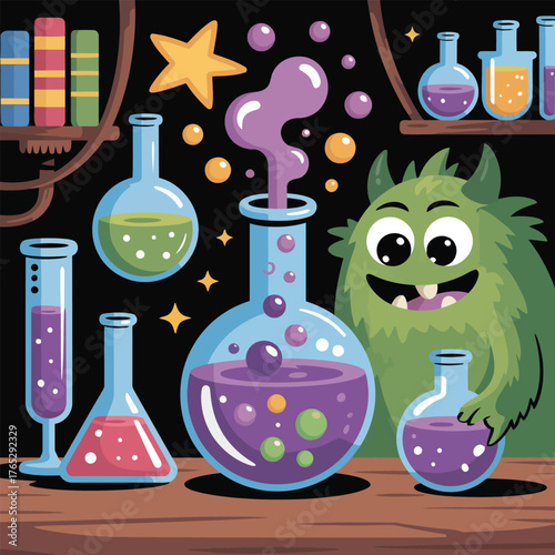 Green monster cooking magic potion in laboratory cartoon vector