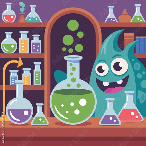 Cartoon monster chemistry experiment lab flat vector illustration