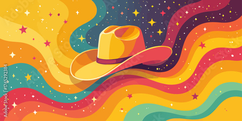 Colorful cowboy hat floating among starry psychedelic waves