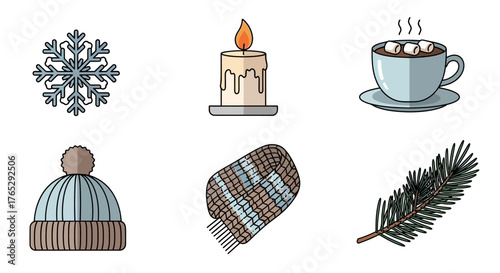A collection of six winter-themed icons including a snowflake, candle, hot chocolate, beanie, mitten, and pine branch.