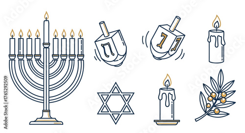 A collection of Hanukkah symbols including a menorah, dreidels, Star of David, and candles in a line art style.