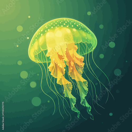 Colorful jellyfish floating underwater, glowing green and yellow, isolated on gradient background