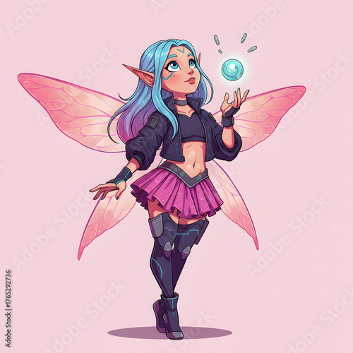 Fairy illustration with glowing orb and wings on transparent background