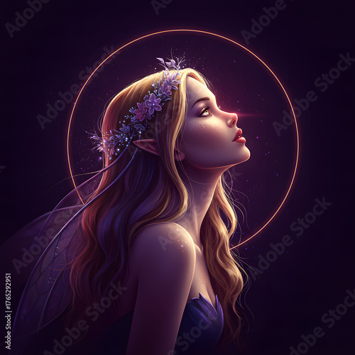 Fantasy portrait of a young woman with long blond hair and fairy wings