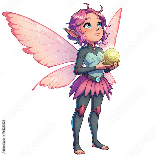 Fairy character illustration with wings and glowing orb on transparent background