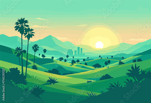 Colorful valley landscape with palm trees and city skyline at sunrise