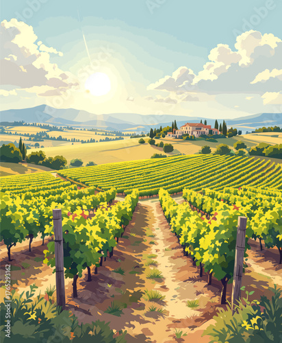 Colorful vineyard rows under sunny sky, tranquil countryside landscape illustration