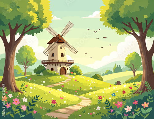 Colorful windmill on hillside path, peaceful countryside landscape, cartoon illustration